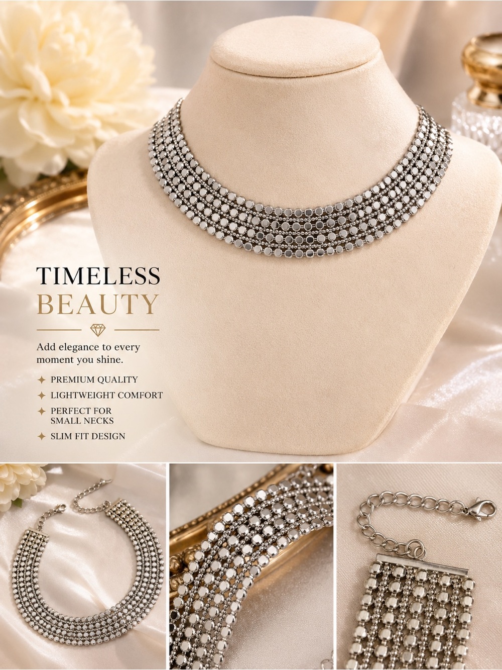 Statement Choker Necklace | Multi-Layer Beaded Collar Necklace | Small Neck Fit